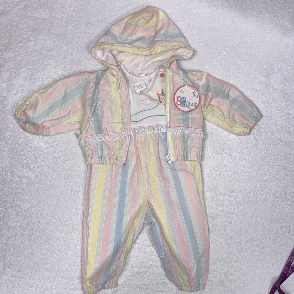 Vintage baby tog pastel eyelet lace striped bib overall and jacket 3/6m